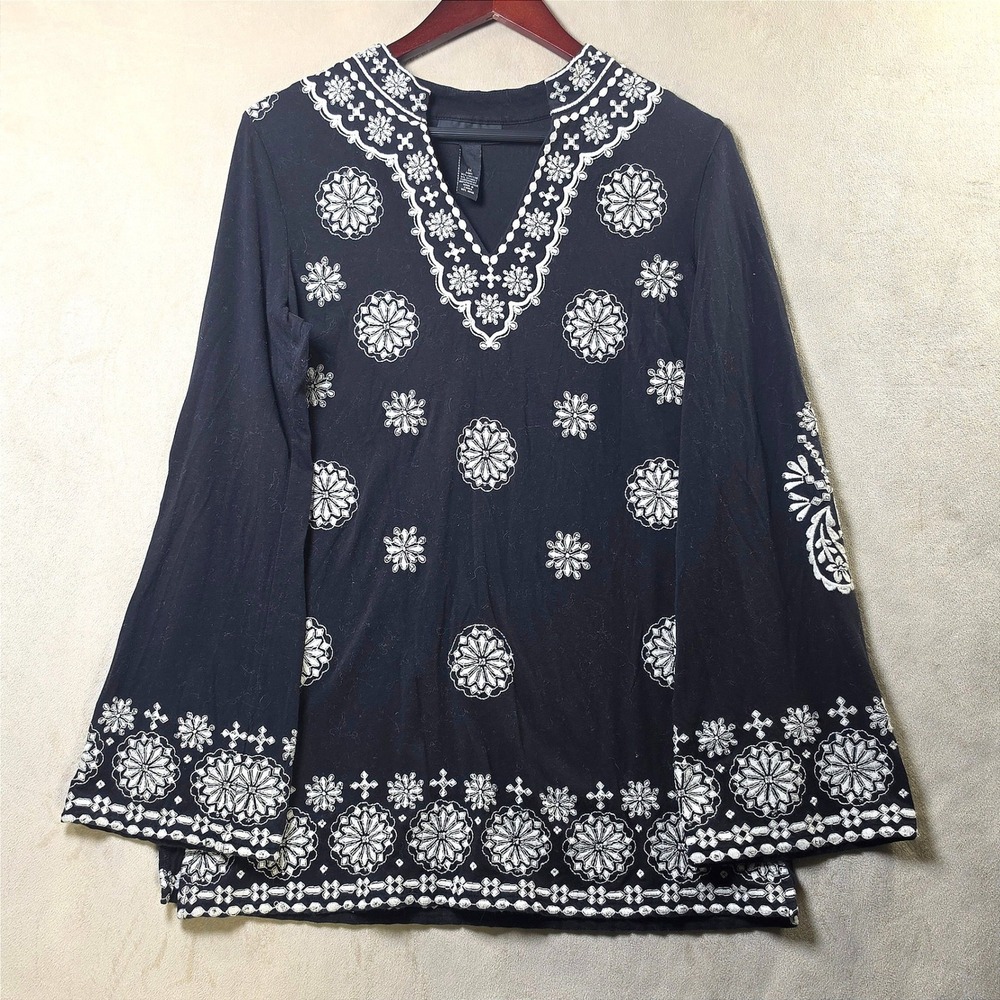 INC International Concepts Womens Black Embroidered Beaded Bell Sleeve Tunic M